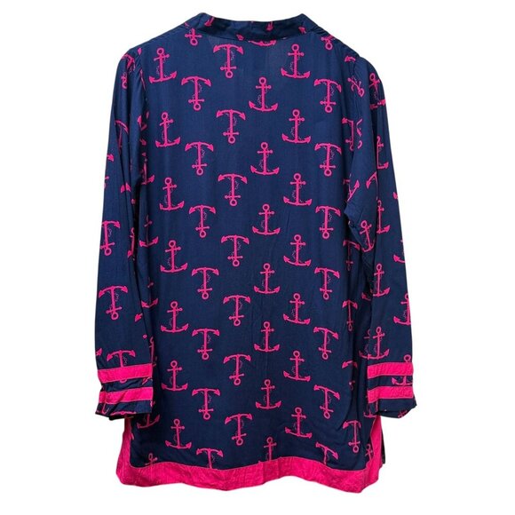 Escapada Tunic Blouse Medium Nautical Anchors Navy Blue Pink Rayon Womens Top - Picture 3 of 9